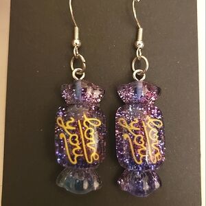 Handmade Purple Blue Candy Shaped Glitter Love You Earrings
